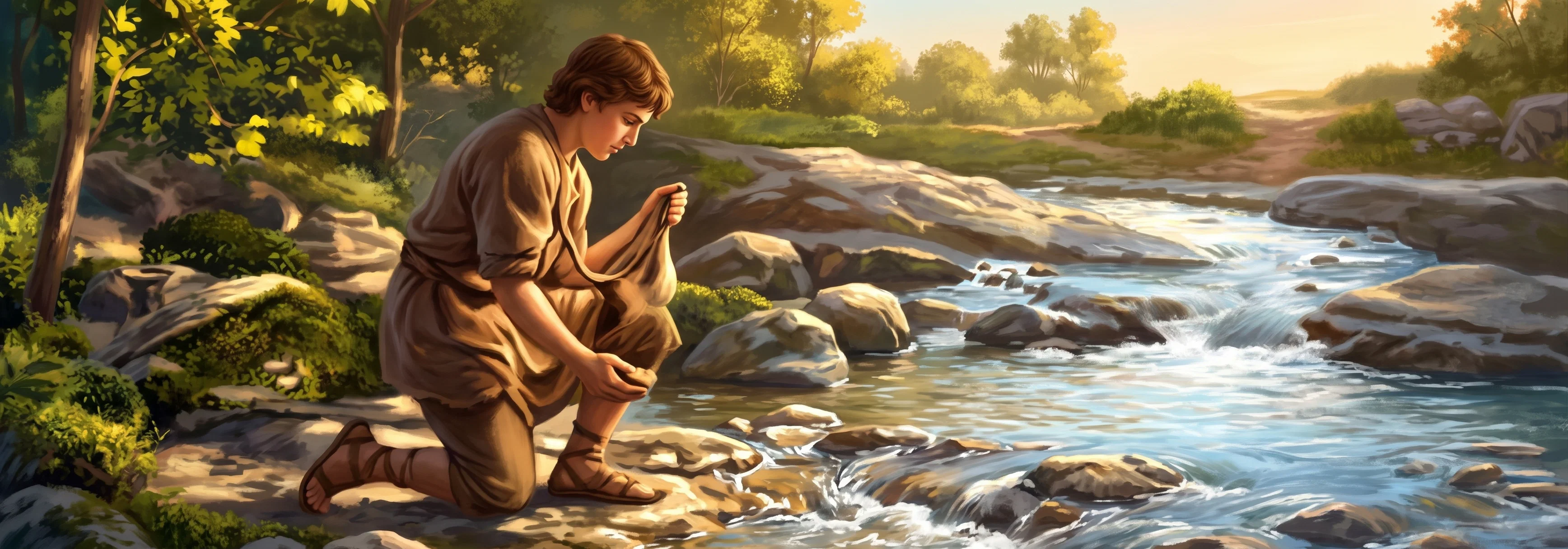 A lone young shepherd sits on the ground beside a tree at the edge of an open, rolling landscape. He holds a small stringed instrument, apparently a harp, close to his body, with his hands poised over it as if playing. His clothing is simple, and his head is inclined toward the instrument. The figure occupies the left side of the wide composition, while broad bands of hills and open ground extend across the background to the right; no other people, animals, or lettering are visible.