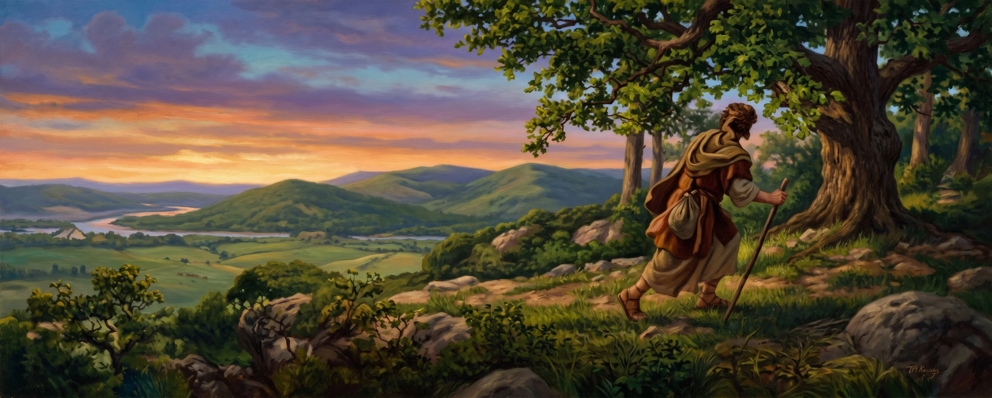 A solitary robed traveler rests on the ground beneath a large tree at the right side of the scene, his body bent or reclining beside a cluster of rocks, with one arm raised near his head. The tree’s heavy canopy spreads across the upper-right portion of the image, while the left opens onto a broad, quiet landscape of low hills and a distant valley. Uneven stones, shrubs, and patches of shadow fill the foreground, framing the resting figure against the more open expanse beyond. No lettering is visible.