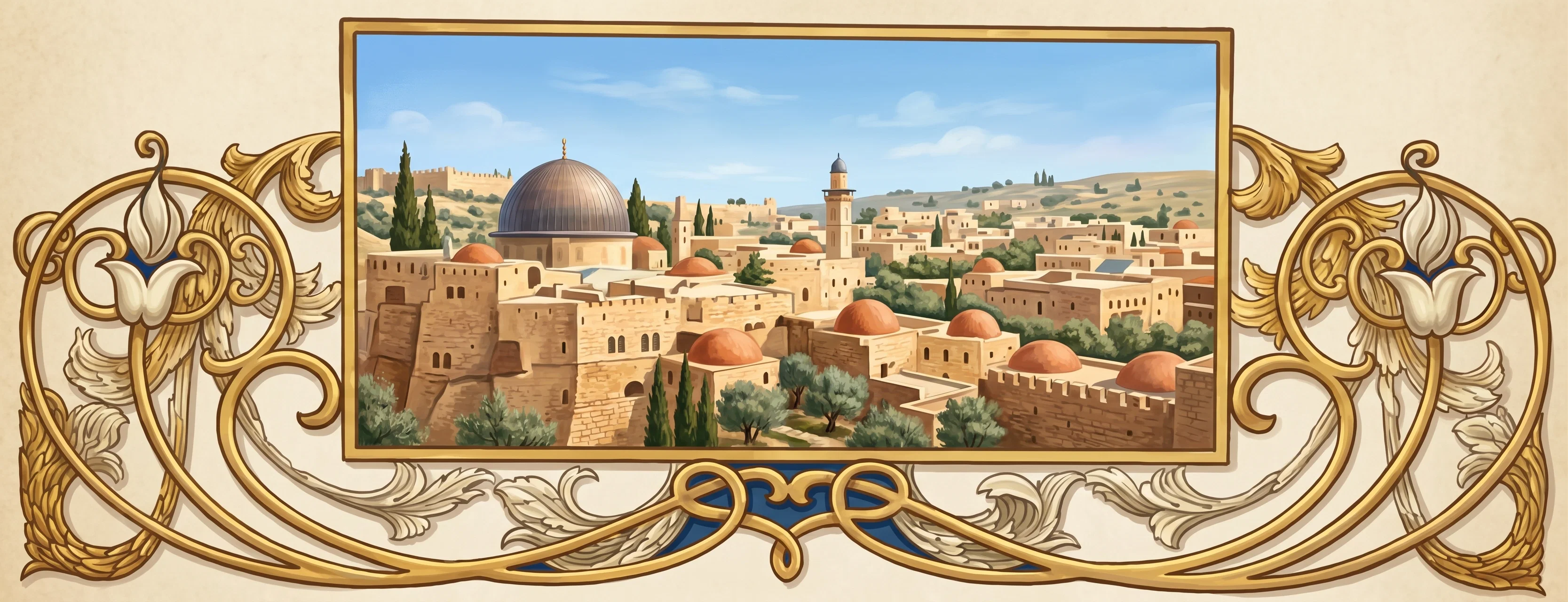 A wide panoramic view of Jerusalem and its surrounding hills, enclosed in a rectangular frame. Within the scene, a dense cluster of buildings spreads across the landscape, with larger structures and towers rising above the rooftops and open, uneven terrain in the foreground. Elaborate symmetrical ornament surrounds the framed view: curling vines, leaves, and large stylized flowers extend along both sides and across the lower edge. No people, animals, or legible lettering are visible.