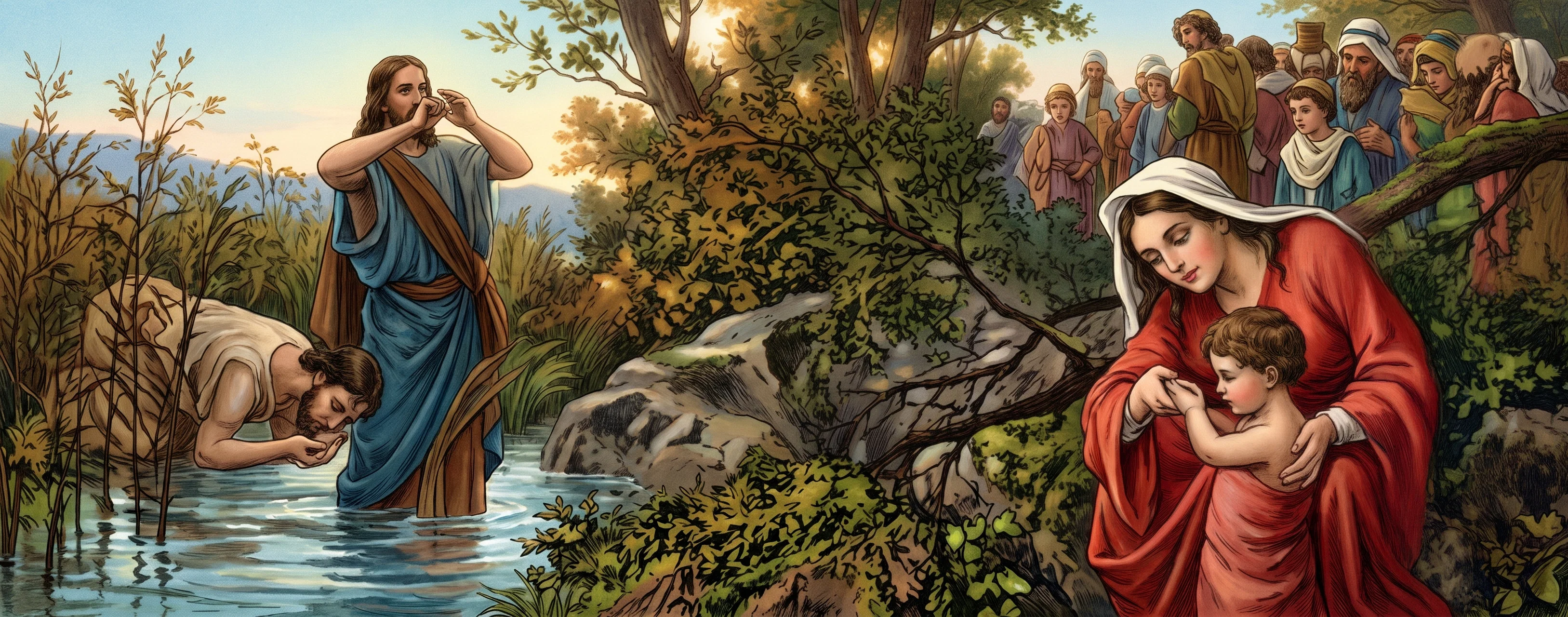 A group of Israelites gathers at a spring in a rugged, brush-covered wilderness. At the left, several figures crouch or lean beside the water, while a standing man near the center raises or holds a branch. On the right, a larger, bent figure reaches toward the spring, with another person close beside him. Low vegetation, rocks, and tangled trees fill the background, enclosing the people in a narrow, uneven landscape. The scene depicts Moses casting a tree into the bitter waters at Marah as the thirsty people gather nearby.