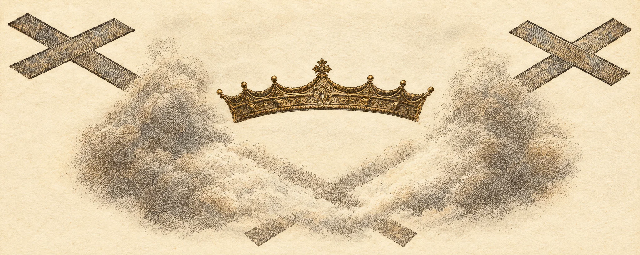 A symmetrical, ornamental emblem is centered on a pale background. A dark, ornate crown with several rounded points and a taller central point sits above a broad blank area. On either side are large irregular masses of gray stippling, resembling clouds or foliage, with faint diagonal dotted bands extending inward and downward beneath the crown. Crossed, ribbon-like bars appear near the upper left and right corners, and smaller angled fragments sit near the lower edge. No people, animals, or lettering are visible.