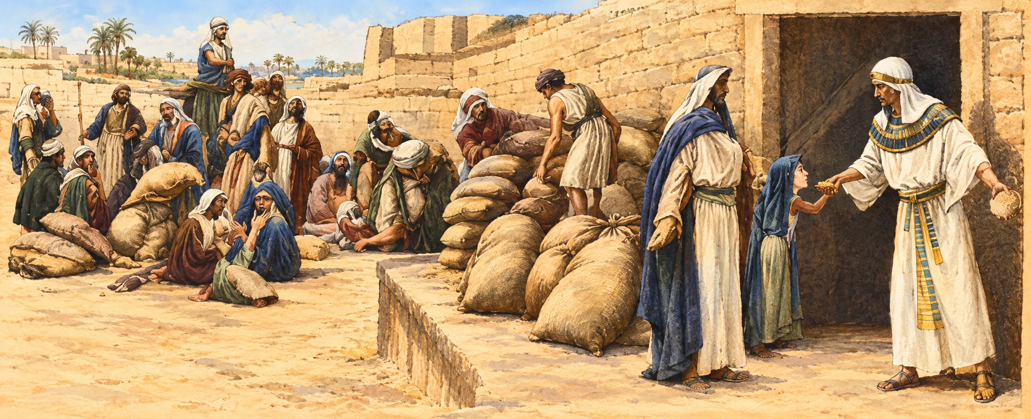 A crowded scene of people gathering at an Egyptian storehouse during a famine, with a large group of men in robes and head coverings waiting or kneeling across the left and center. Several bulky grain sacks lie piled around a low counter or platform in the foreground, while a standing attendant appears to handle the provisions. At the right, a robed official stands in a dark doorway, facing a petitioner who gestures toward him. Bare, monumental walls and a few distant figures form the background; no legible lettering is visible.