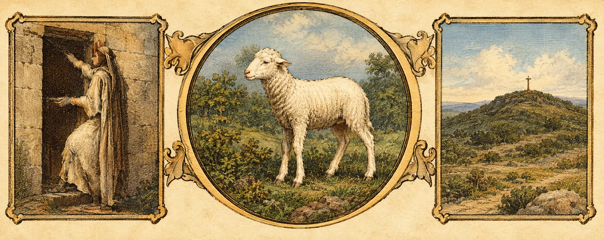 An ornamental three-part scene centers on a light-colored lamb or sheep standing in profile amid rough ground and foliage, enclosed within a large circular frame. In the narrow panel at left, a pale human figure appears beside a tall dark doorway or upright structure, with one arm raised toward it. The panel at right shows a low, uneven hill beneath an open sky, with a tiny upright post or cross-like shape on its crest. Decorative scrollwork links the panels, and no lettering is visible.