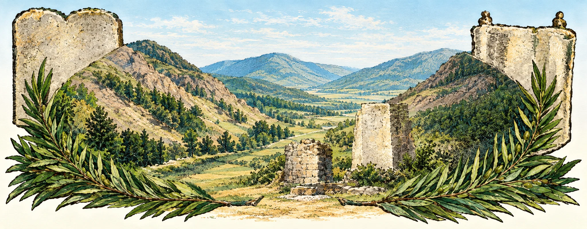 An engraved landscape shows a broad valley enclosed by rounded, rugged hills, with a small settlement or cluster of buildings near the center and a prominent pale, rectangular structure on the right side. Dark patches of trees and vegetation dot the slopes and valley floor. Tall stone-like forms rise behind the landscape at both ends, while leafy branches sweep inward across the lower foreground, framing the scene. No people, animals, or lettering are visible.