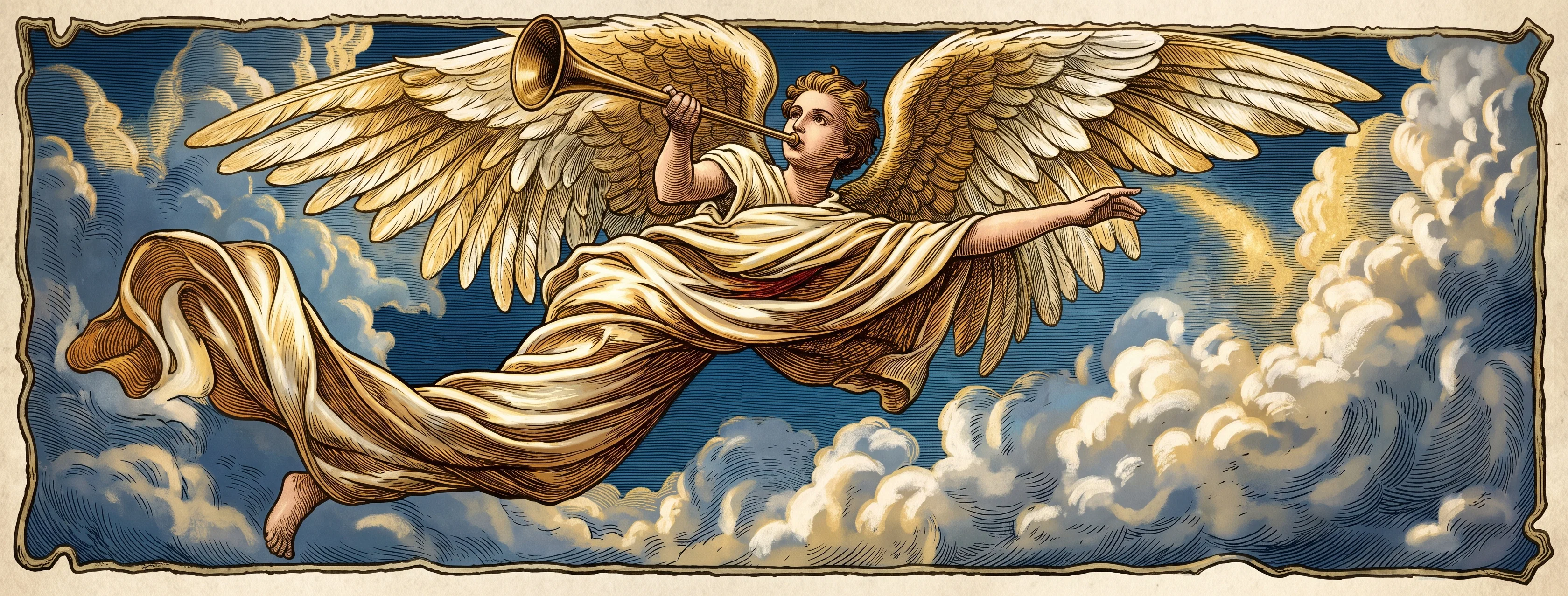 A dramatic heavenly scene unfolds among billowing clouds. Near the center, a youthful, robed figure sits or kneels with arms extended, while flowing fabric sweeps across the foreground. Large feathered wings spread broadly behind the figures, filling much of the upper half of the image. A second figure bends or kneels at the left, facing inward, and shadowy forms and clouds surround the group. The arrangement suggests a solemn gathering in heaven, with the central figure addressing or pleading before another celestial being.