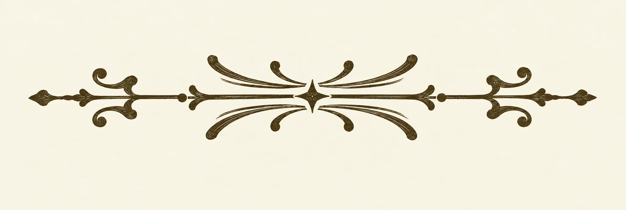A narrow, symmetrical ornamental flourish runs horizontally across the image. At its center, several fine curved strokes fan outward like stylized leaves or petals, with a small dark central form and tiny dots. Curling tendrils extend to either side, ending in compact, cross-like floral motifs and short horizontal strokes. No lettering or other identifiable objects are visible.