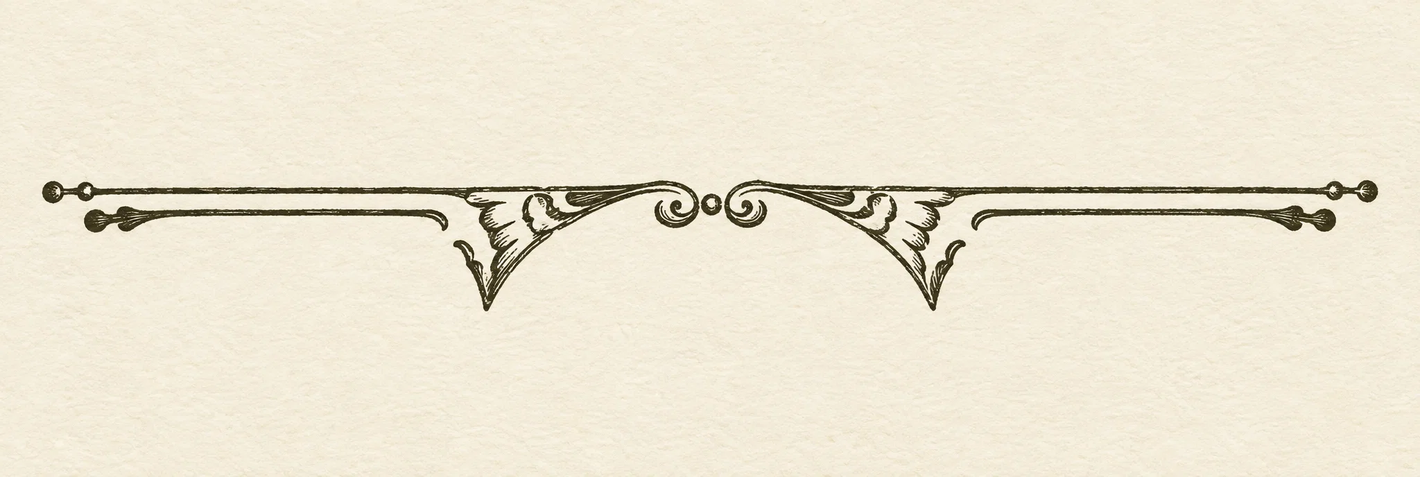 A small, symmetrical ornamental divider in dark ink on a pale background. Thin horizontal lines extend outward from a central flourish, with curled scroll-like details and pointed leaf or banner shapes hanging down on either side of the middle. There are no visible people, animals, setting, or legible words.