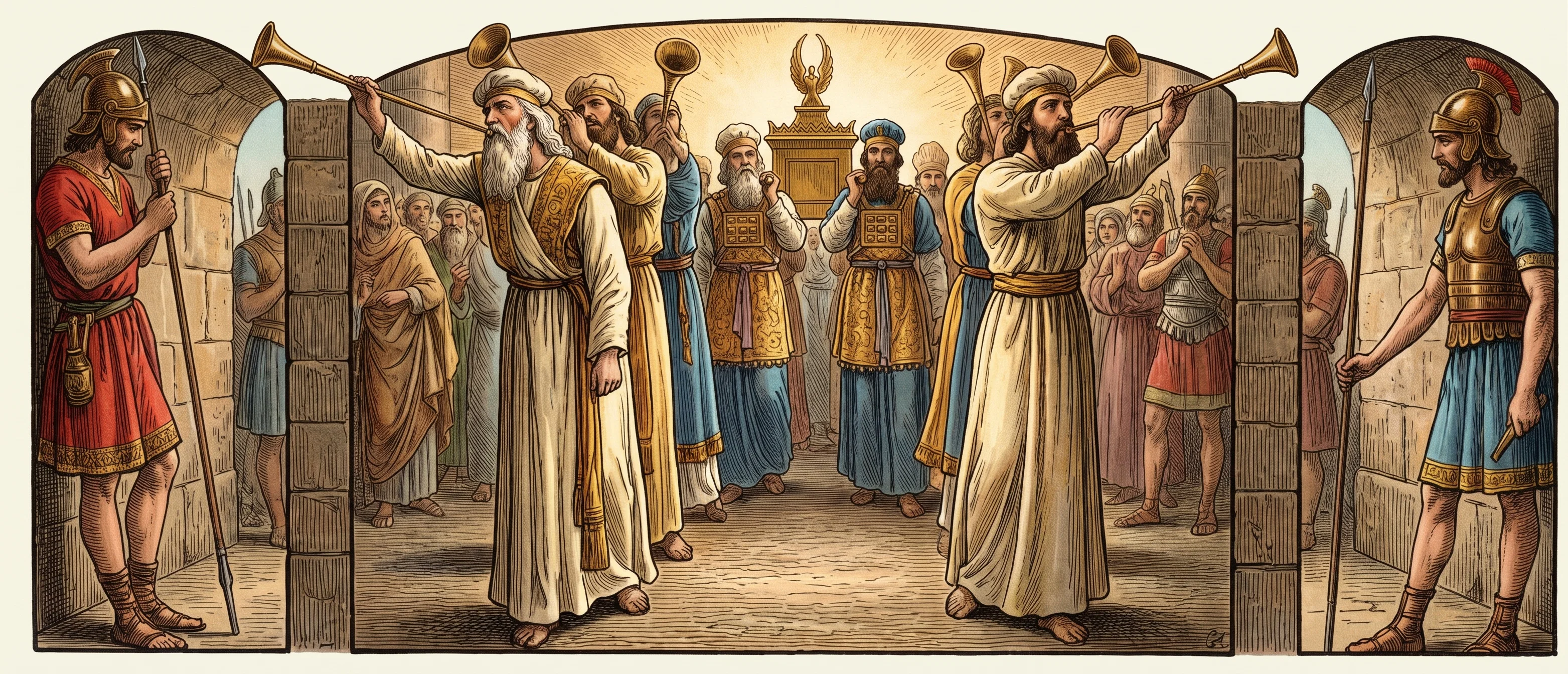 A solemn procession of robed figures advances through the central scene, arranged in rows around a tall, dark ceremonial object with a narrow upright form rising above it. Several figures raise long, curved horns or trumpets toward the sides, while others walk close beside the central object. The group is enclosed by a simple arched framework. Narrow panels at either side each show a lone figure in a short tunic holding a long staff or spear, standing within a rounded arch.