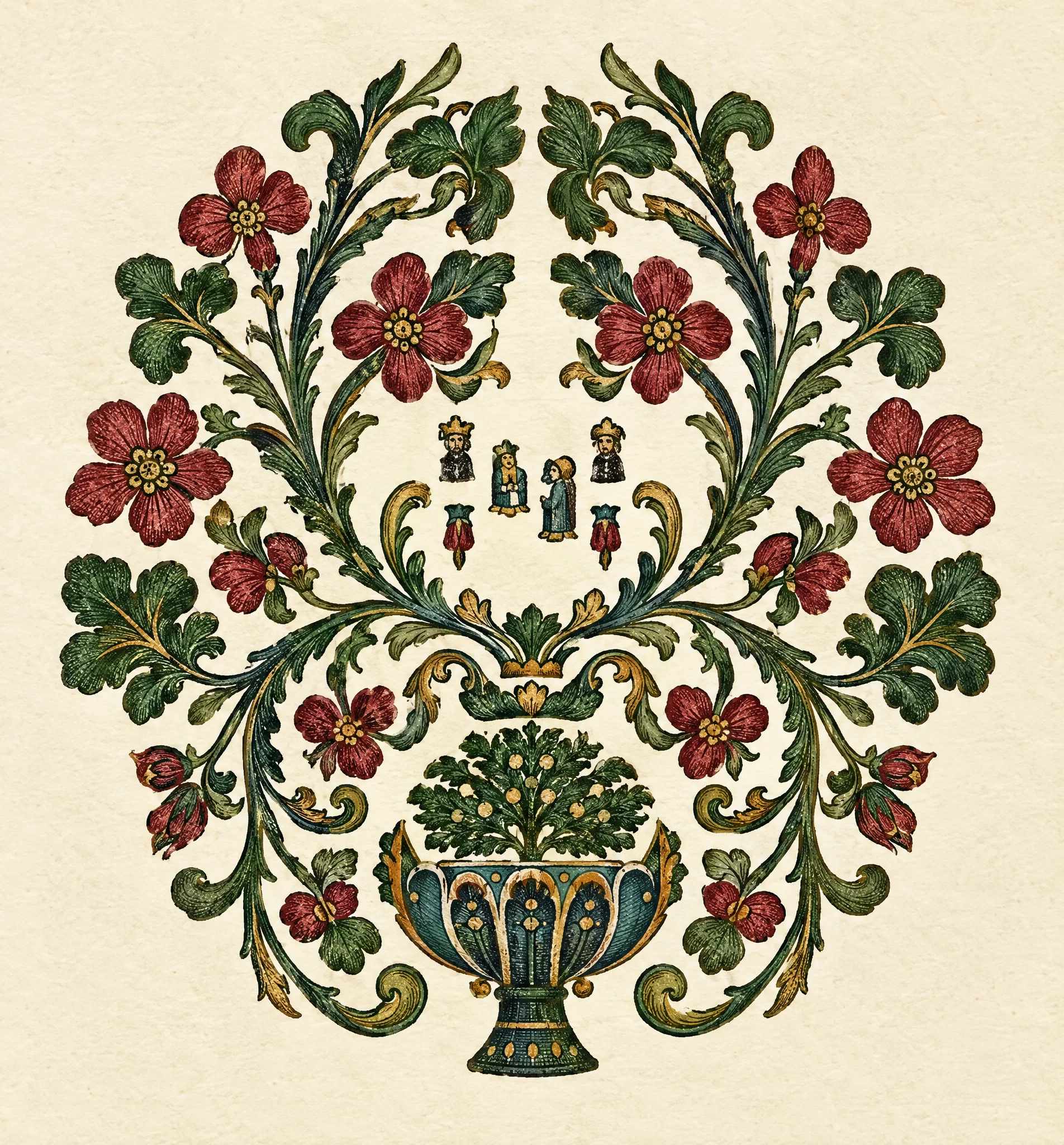 A dense, roughly symmetrical black ornamental design fills the image. Curving, intertwined vines form a rounded frame, with branches spreading outward into clusters of dark leaves and small flowers. Near the top center, the vines curl around a circular open space containing several tiny decorative marks. The lower center features a dark, bowl- or vase-shaped form with fanlike foliage, framed by mirrored curling shapes and leafy sprigs. No readable text or distinct setting is visible.