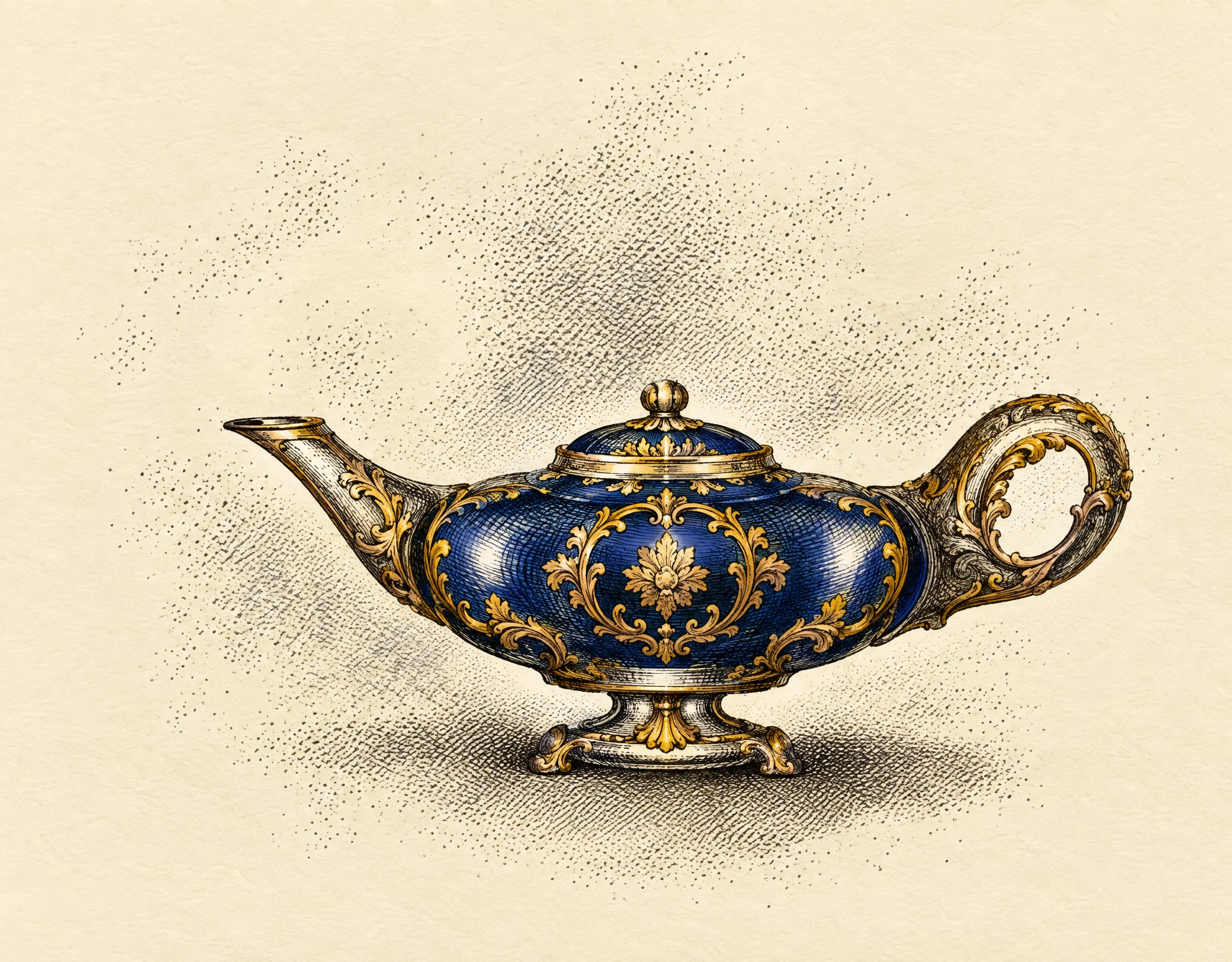 A small, dark oil lamp sits centered on a low surface, its rounded bowl decorated with a bright circular highlight and fitted with a short raised handle or knob on top. Two broad, curled arms extend outward from the bowl, each ending in a circular ring-like form; the left arm angles upward, while the right curls around a larger ring. A faint plume of smoke or vapor rises above the lamp, and scattered wisps and specks surround it against an otherwise plain background. No lettering is visible.