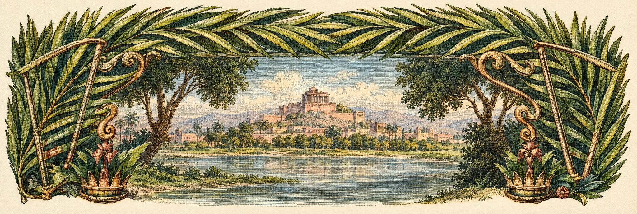 A wide ornamental black-and-white vignette frames a distant landscape. Dense palm fronds arch across the top and descend along both sides, intertwining with curling decorative scrolls and small architectural motifs near the lower corners. Inside the frame, a low horizon of trees and shrubs borders an open, lightly shaded foreground, with a small walled city or palace and clustered buildings centered in the distance. The scene contains no clearly visible people or animals, and there is no legible lettering within the artwork.