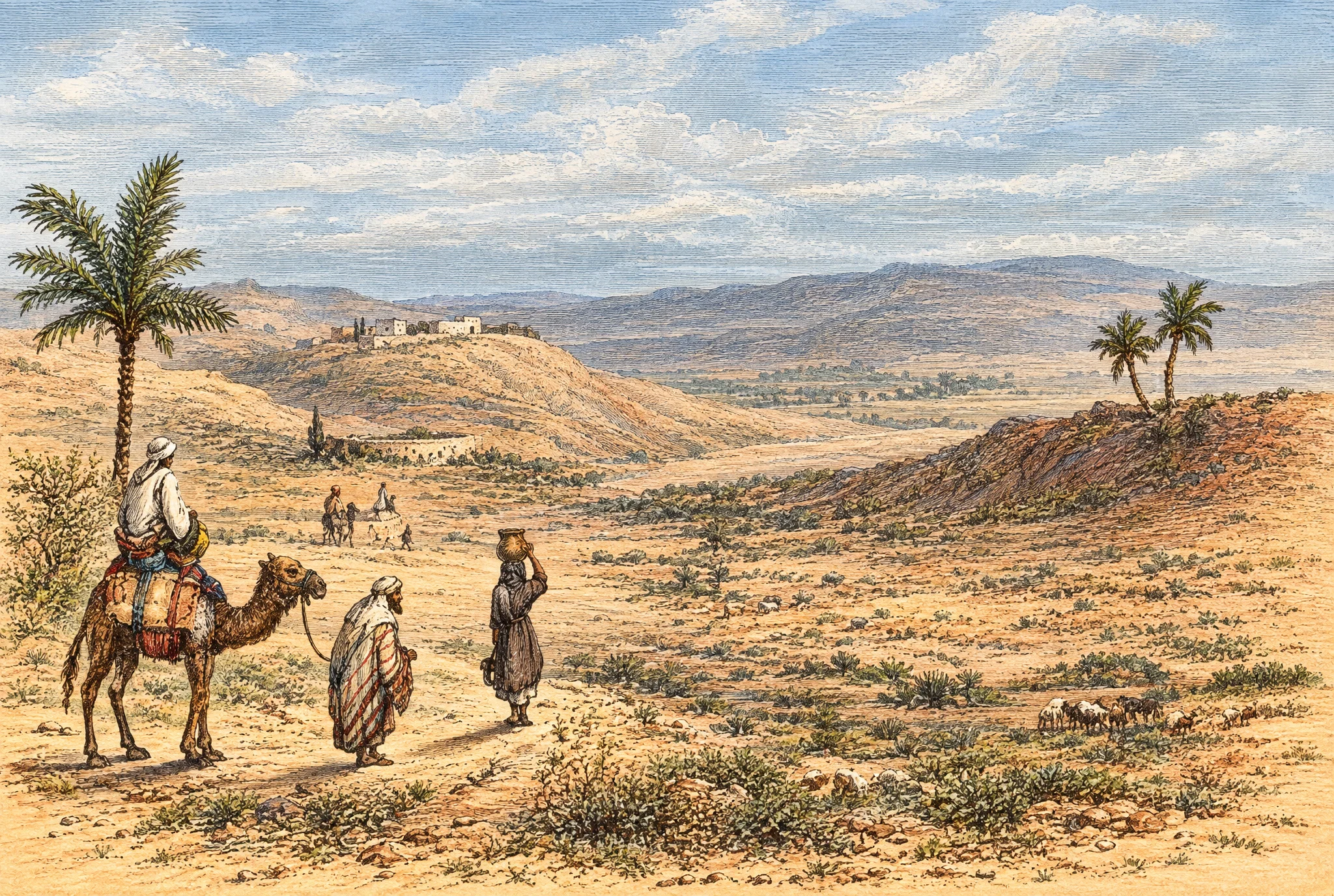 A small group of travelers crosses a broad, barren landscape. In the left foreground, a person rides a laden camel, while a second figure in a long draped garment walks beside it. Farther ahead, another traveler balances a rounded bundle or vessel on their head. Tiny figures and animals dot the middle distance, and low hills stretch across the horizon. A tall palm rises at the left edge, with a cluster of smaller palms on a rocky ridge to the right; patches of rough ground and a shallow-looking watercourse fill the foreground.