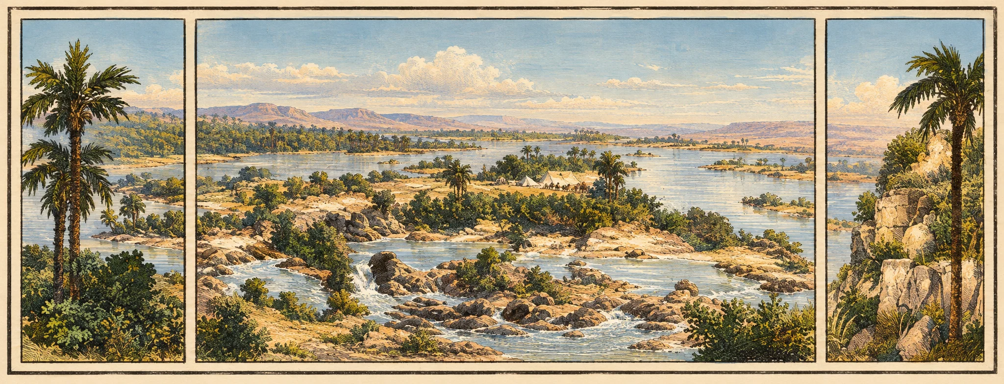 A monochrome landscape is arranged in three adjoining panels. The broad central panel shows a wide, churning river or body of water, with sweeping bands of foam and dark ripples in the foreground and low, irregular banks or vegetation along the far side beneath an open sky. Narrow panels at either side frame the scene: the left contains tall palm trees rising above dense scrub, while the right shows a palm beside a rocky, uneven bank. No distinct figures or lettering are visible.