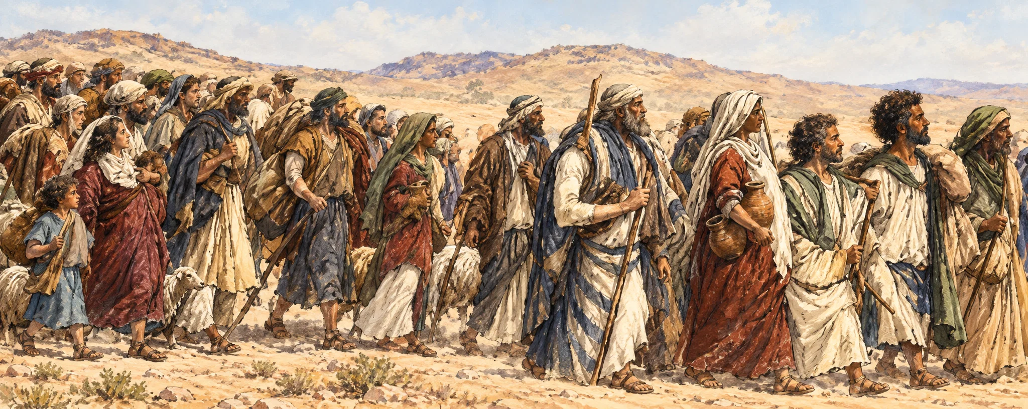 A long line of ancient, robed people moves from left to right across the foreground, suggesting Israelites setting out on their exodus from Egypt. Men and women carry staffs and bundles, and several figures wear head coverings; one prominent bearded man near the center holds a tall staff. The procession stretches across the width of the scene, with additional people and faint shapes behind them at the left. Low, hazy hills form the distant background, while the figures’ garments and staffs create a dense, continuous band of movement. No lettering or animals are visible.