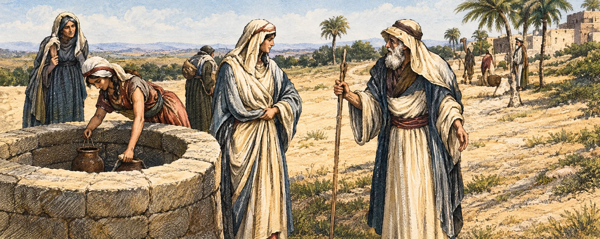 An ancient outdoor scene centers on a circular stone well at the left, where a woman bends over its rim as if drawing water; another figure stands behind her. A veiled woman stands near the middle, facing an older bearded man at the right, who holds a long staff and raises one hand in a speaking or questioning gesture. The man wears a head covering and a long robe. In the background, several small figures gather along a path near palm trees and simple buildings, suggesting a settlement beyond the well. No lettering is visible.