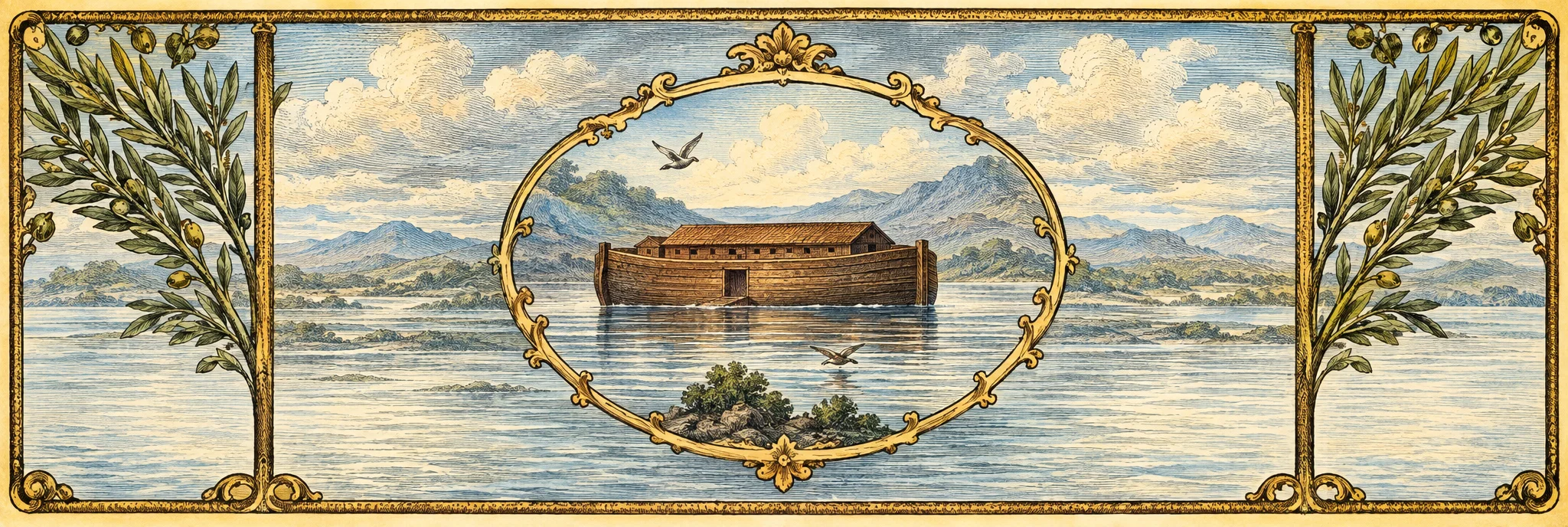 A small rectangular ark with a raised central cabin and dark openings floats on rippling water within an oval vignette. Dark, rugged mountain forms rise behind it on either side, while clouds fill the sky and a small bird flies above the water at upper left. The scene is framed by a narrow rectangular border, with tall, feathery branches sweeping inward from both sides and curling decorative details at the lower corners. No lettering is visible.