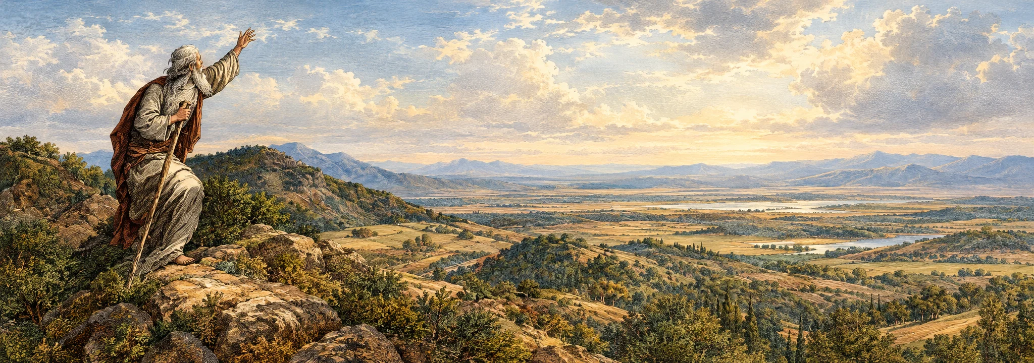 Moses stands on a high rocky overlook at the left of the image, his robed figure turned toward the vast landscape. He raises one arm and points into the distance, while holding a staff or rod in the other hand. Below him, rugged slopes descend into a broad valley with ridges, plains, and scattered patches of vegetation stretching toward a low horizon. The expansive, clouded sky fills much of the composition, emphasizing the distant view of the land before him. No other people, animals, or legible lettering are visible.