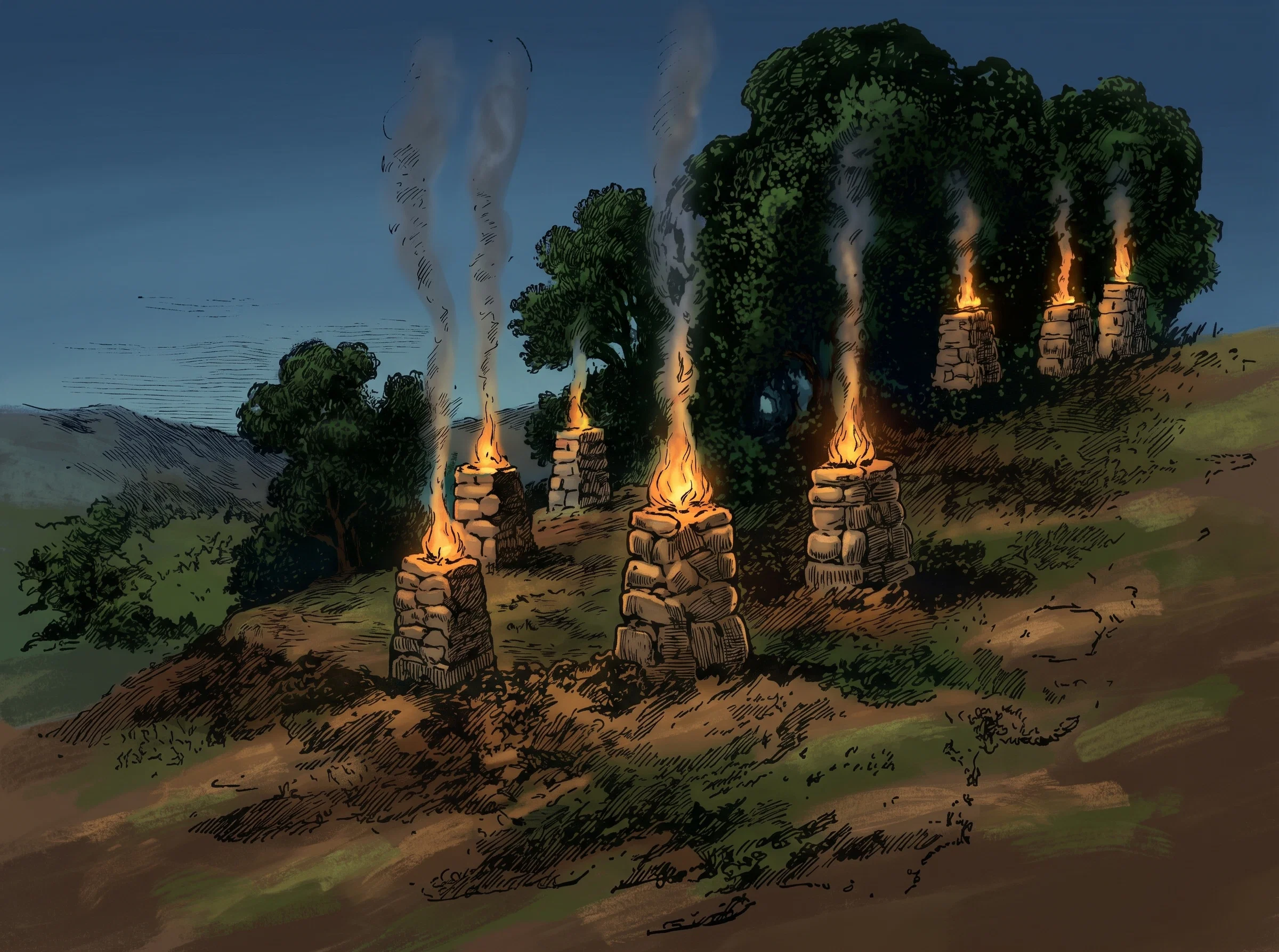A sparse, shadowy landscape shows several pale, upright human figures gathered in the foreground and middle distance. Two figures stand close together near the center-left, while another small group is farther to the right; their forms are indistinct, with light robes or bodies contrasting against the dark ground. Behind them, a massive, dense, rounded mass of dark foliage or shadow fills the upper-right portion of the scene. Low, uneven terrain stretches across the foreground, with a few thin vertical shapes rising near the left-center and a faint, open horizon beyond. No lettering is visible.