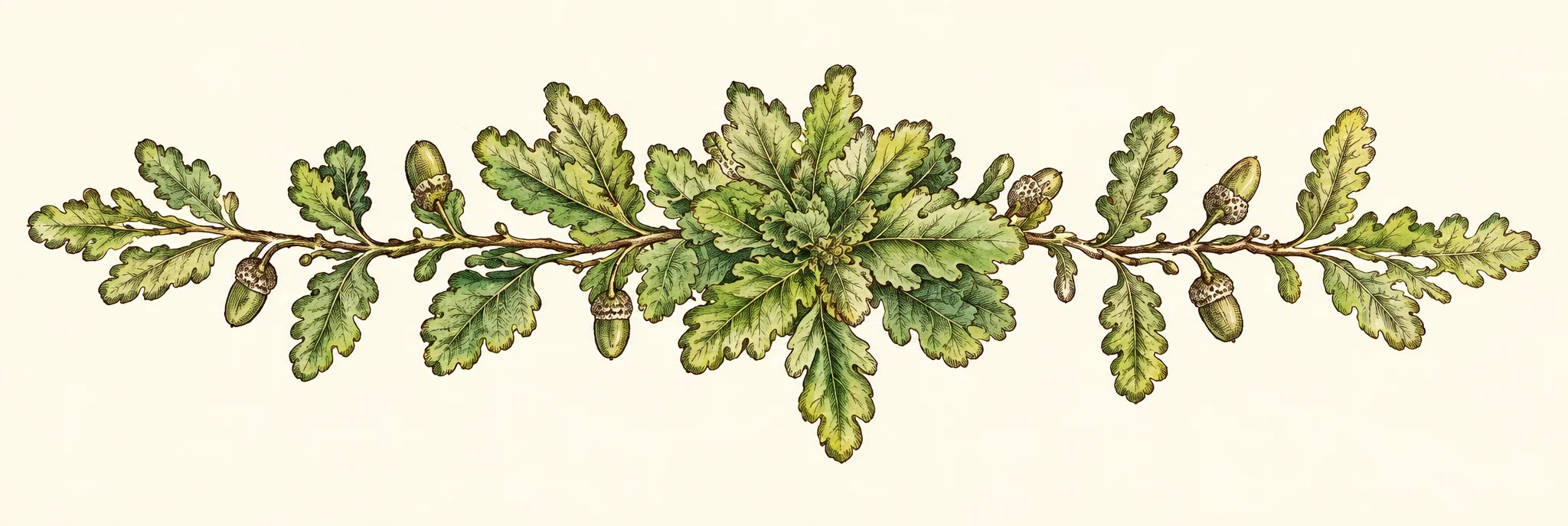 A delicate black line drawing of a long, horizontally spreading botanical sprig, with a dense cluster of overlapping, deeply lobed leaves at the center and a slender stem extending outward to both sides. Smaller leaves and branching shoots alternate along the stem, some drooping downward and others reaching upward. Fine vein lines and irregular scalloped edges detail the foliage. The isolated plant fills most of the image against a plain background; no people, animals, or lettering are visible.