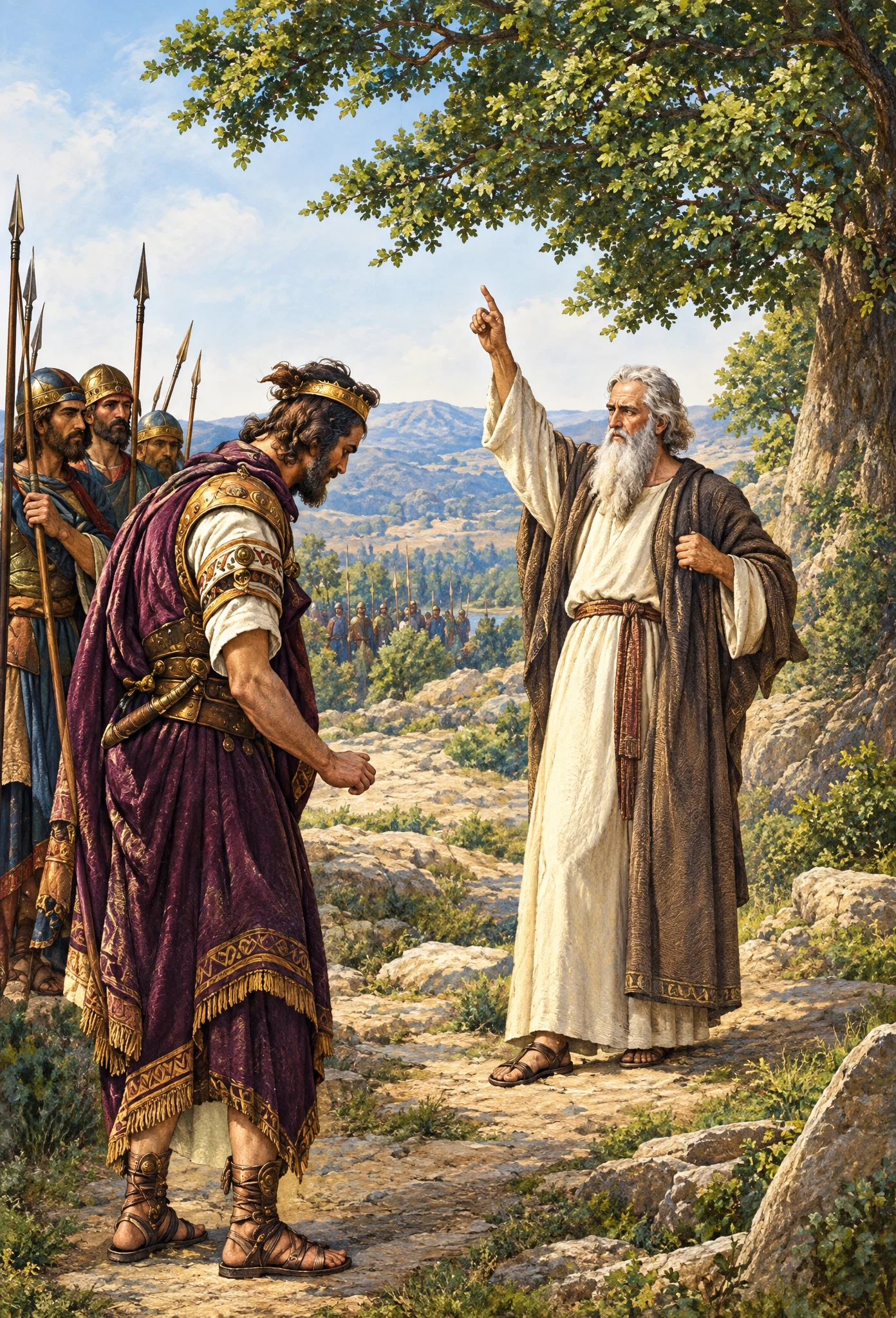 SAMUEL REPROVING SAUL
“Samuel’s countenance was full of anxiety and trouble. . . . Saul offered excuses for his presumptuous act.”