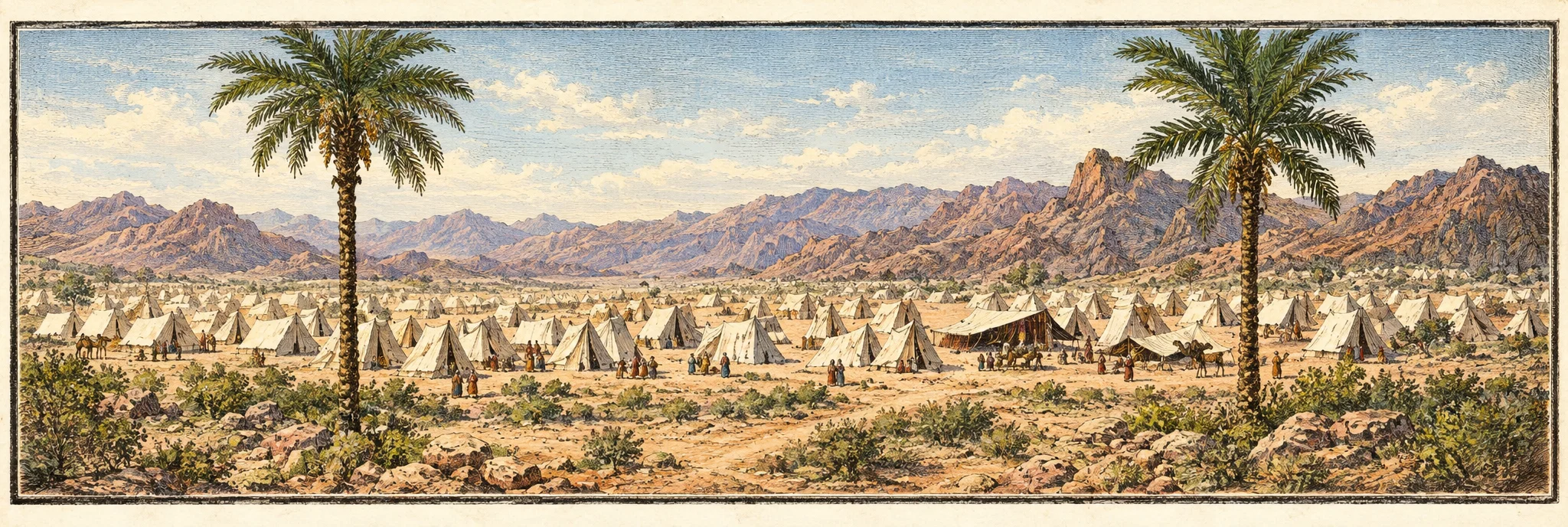 A wide panoramic scene shows an extensive camp spread across a dry, open landscape, with many small triangular tents clustered from the foreground into the distance. Scattered people and a few larger dark structures are visible among the tents, while low hills or rugged mountains form a hazy backdrop. Two tall palm trees stand prominently near the left and right sides of the view, their fronds spreading above the camp. Small birds appear in the pale sky, and a dark, uneven strip of ground and sparse vegetation frames the foreground.