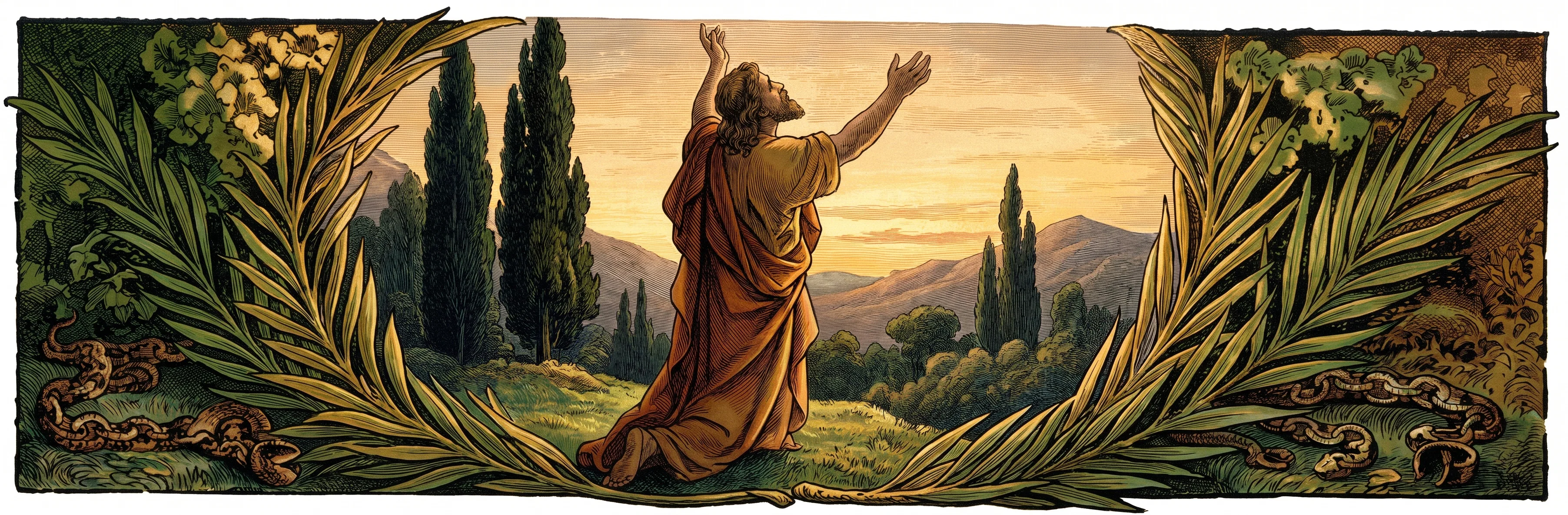 A dramatic nighttime scene shows two human figures locked together in a struggle at the center. One figure bends low while the other appears to grapple with him, their limbs overlapping against a dim, shadowy landscape. Tall, dark forms rise in the background beneath a cloudy sky. Sweeping palm-like fronds frame the scene on both sides, and decorative floral scrollwork runs along the lower edge, giving the composition a symmetrical, ornamental border.