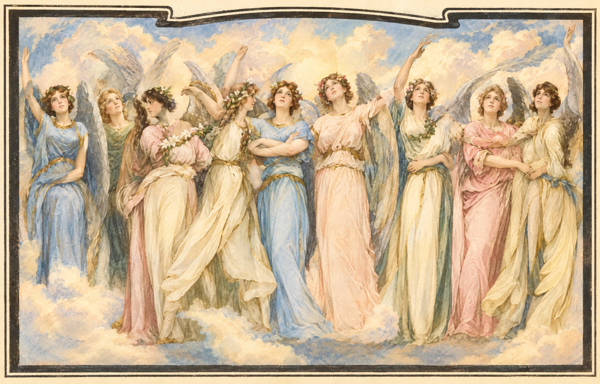 A group of robed human figures stands in a loose line across the scene, with several figures gathered closely together at the center and right. Some appear to face one another or gesture with raised and extended arms, while others stand quietly with their hands near their bodies. Their long, flowing garments reach the ground, and a few have darker, more defined faces and hair than the surrounding figures. Vague, cloudlike forms and shadowy shapes fill the background, suggesting a celestial or otherworldly setting; no animals, objects, or readable lettering are visible.