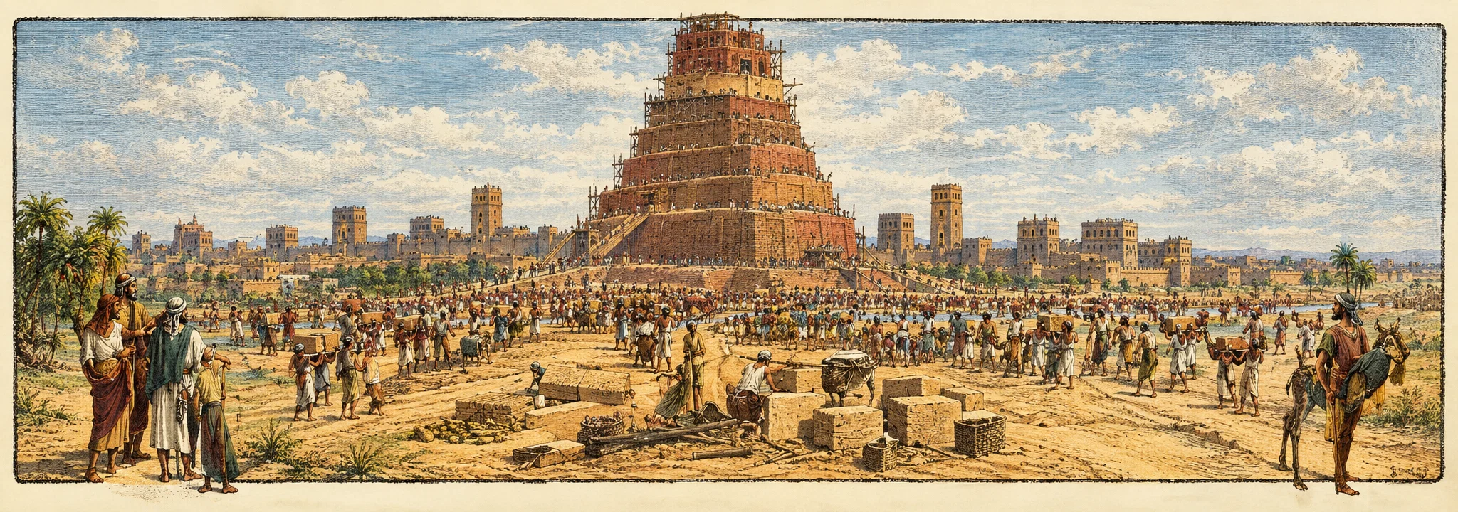 A wide ancient city scene centered on a massive, tiered tower rising above a low skyline. The tower has a broad stepped base and a dark, rounded structure at its summit, with a thin line or plume extending upward. Dense groups of small human figures gather around its base and across the middle distance. Scattered blocks, low structures, and other construction materials fill the open foreground. Larger figures and pack animals, apparently camels, frame the scene at the left and right edges; no readable lettering is visible.