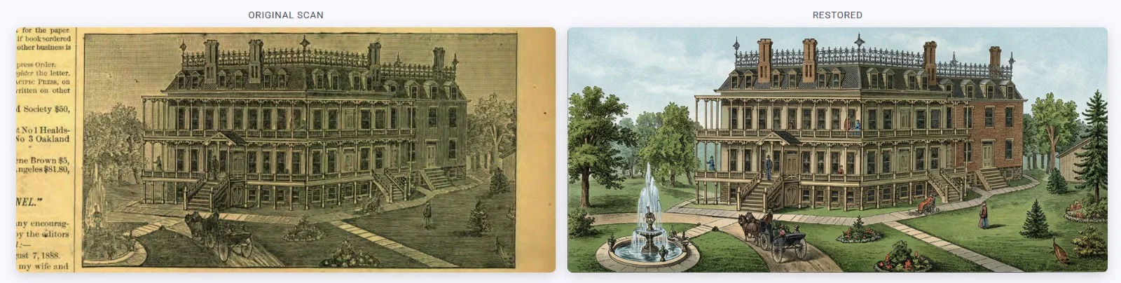 An original faded scan beside its AI-restored, colorized version