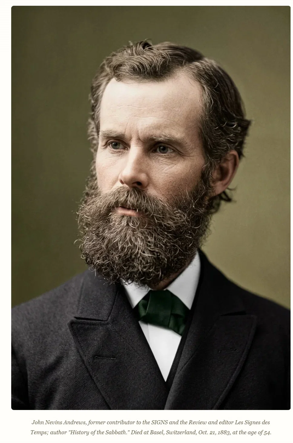 Restored portrait of John Nevins Andrews, with original caption