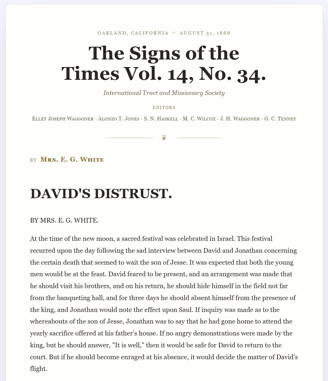 Digitized masthead and article from The Signs of the Times, 1888